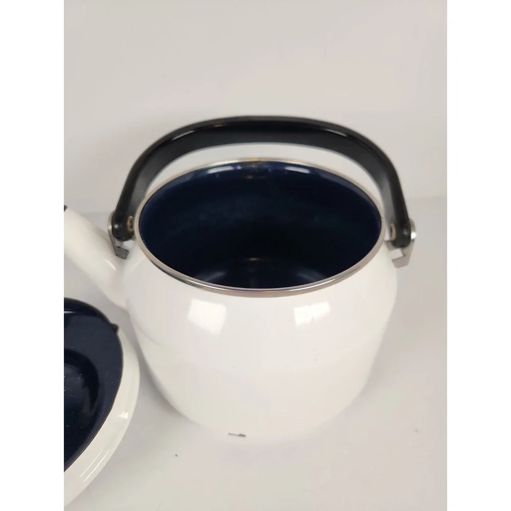 Vintage Siam Fuji Ware White Enamelware Tea Kettle 2 Qt Thailand Blue Interior